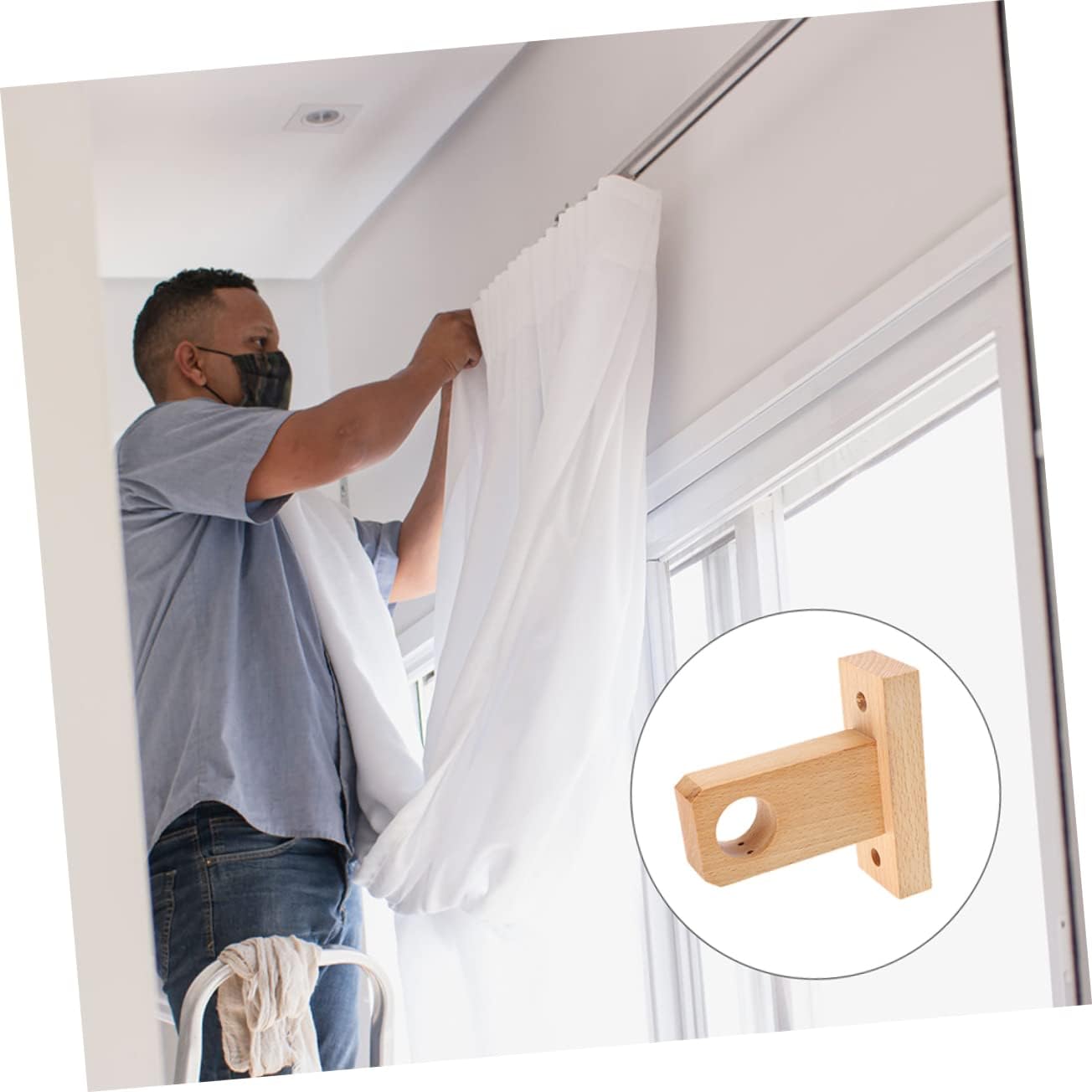 GARVALON 2pcs Wooden Curtain Rod Brackets Wall Mount Holders Hooks for Drapery Rods Easy Installation