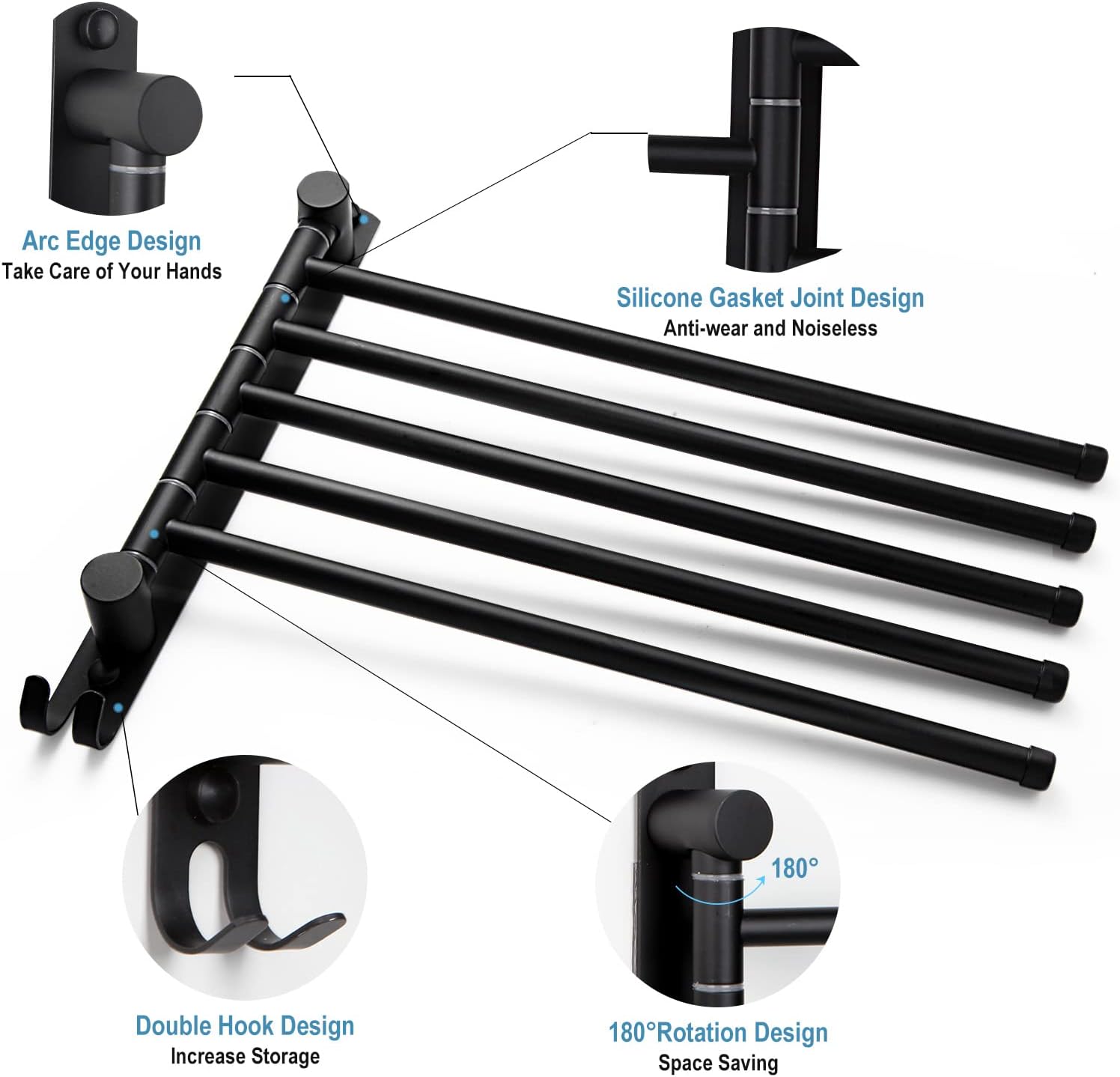 Matte Black 6 - Arm Stainless Steel Swivel Towel Rack with Hook: Wall - Mounted, Rustproof Space - Saver for Bathroom & Kitchen - 180° Rotation, 14kg Capacity