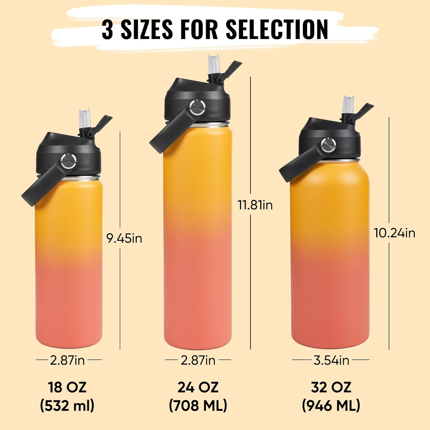 24oz Insulated Stainless Steel Water Bottle, Wide Mouth Double Wall Vacuum, Silicone Straw, Sweat & Leak Proof, BPA Free Insulated Water Flask for Travel, Keep Cold 24h Hot 12h, Orange - Image 2