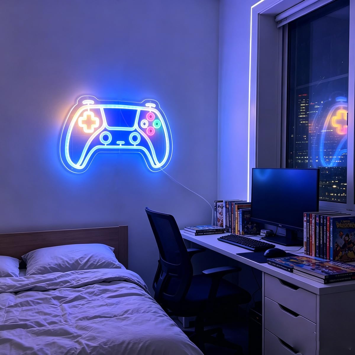 Letrero de neón para decoración de habitación, 15 x 9 pulgadas, letreros de neón azules para juegos con alimentación USB e interruptor de atenuación para decoración de pared, decoración de habitación