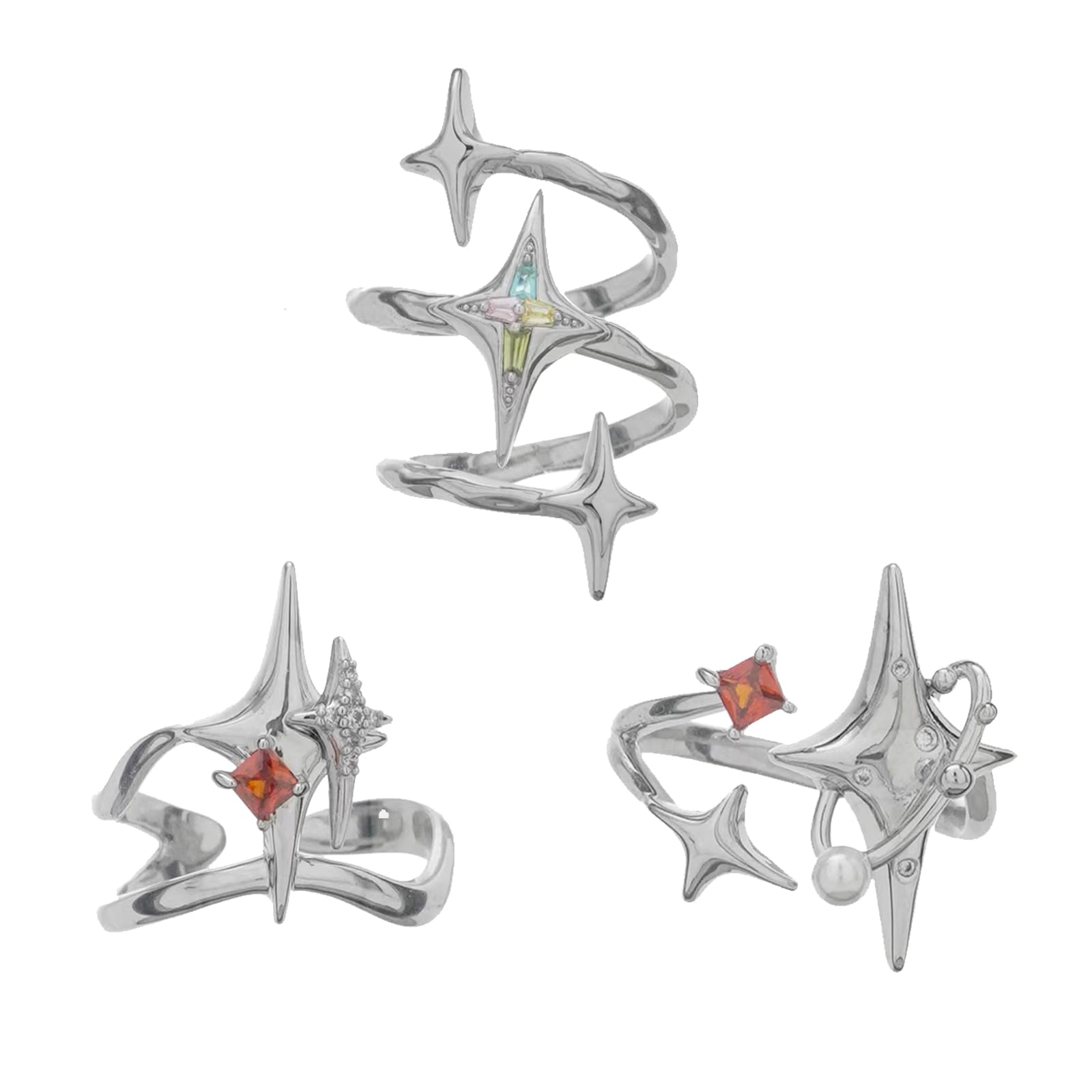 GFLPOY2k Moonstone Rings Silver Y2K Rings Star Ring for Women Grunge Rings Set Irregular Adjustable Open Ring for Women Downtown Girls Christmas Gift