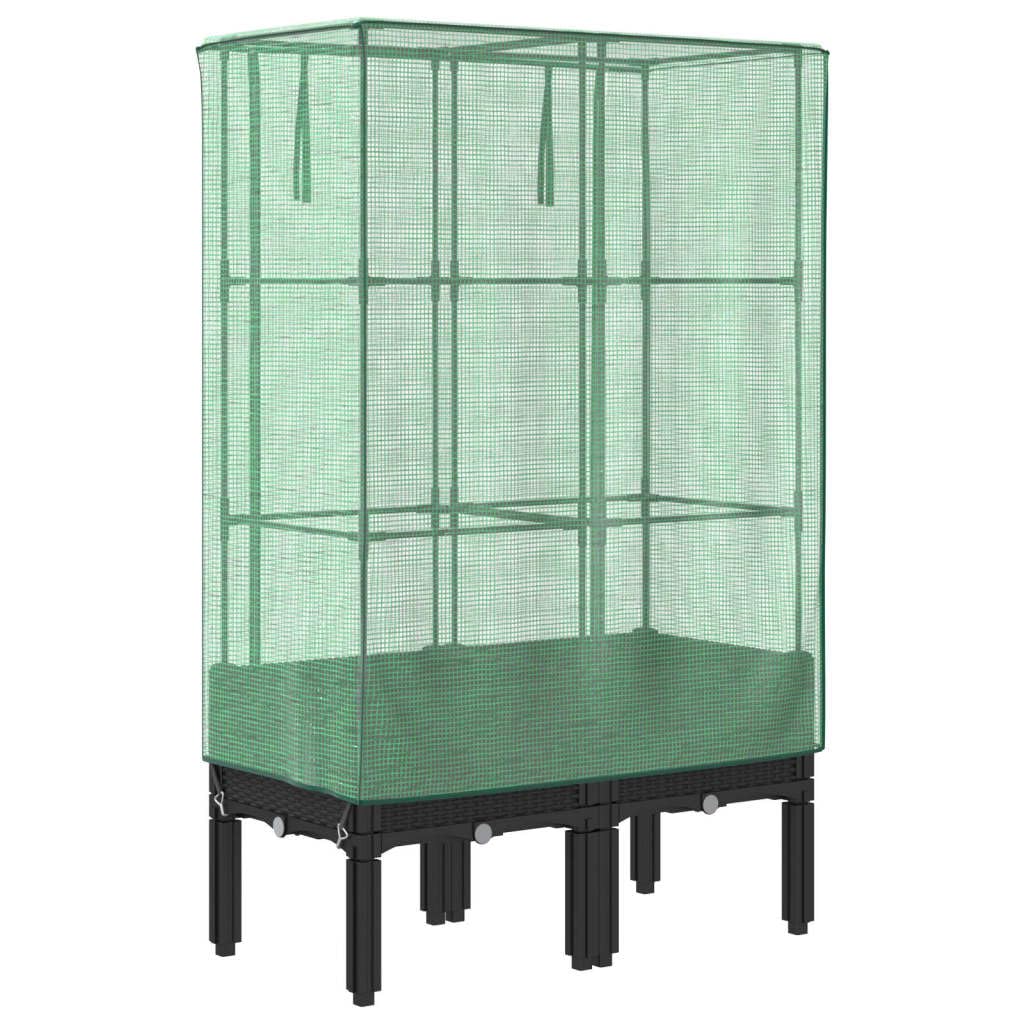 Jardinera con accesorio de invernadero con aspecto de ratán, jardinera para balcón y jardín, marco de hierro estable y cubierta de polietileno, para verduras y hierbas, color negro, 80 x 40 x