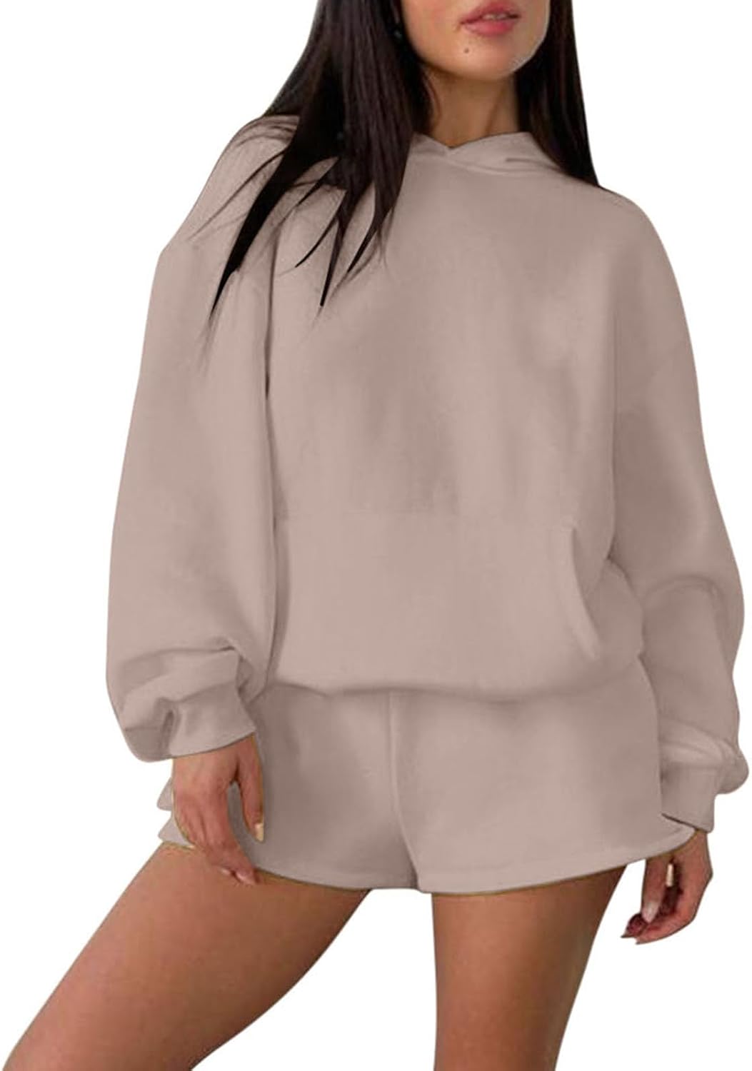 Womens 2 Piece Sweatsuit Outfits Long Sleeve Hoodie Sweatshirt and Drawstring Shorts Solid Color Trendy Y2K Clothes
