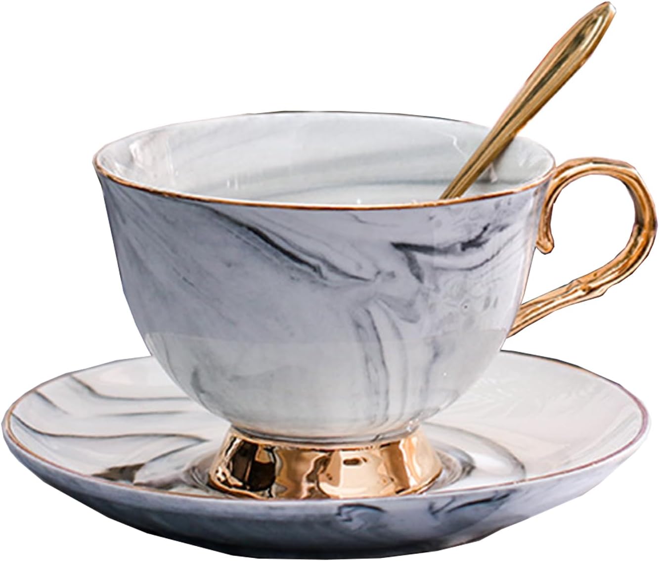 Porcelain Tea Cup Coffee Mug Set for Morning Tea - with Coffee Cup + Saucer + Teaspoon, 200ml (Gray)