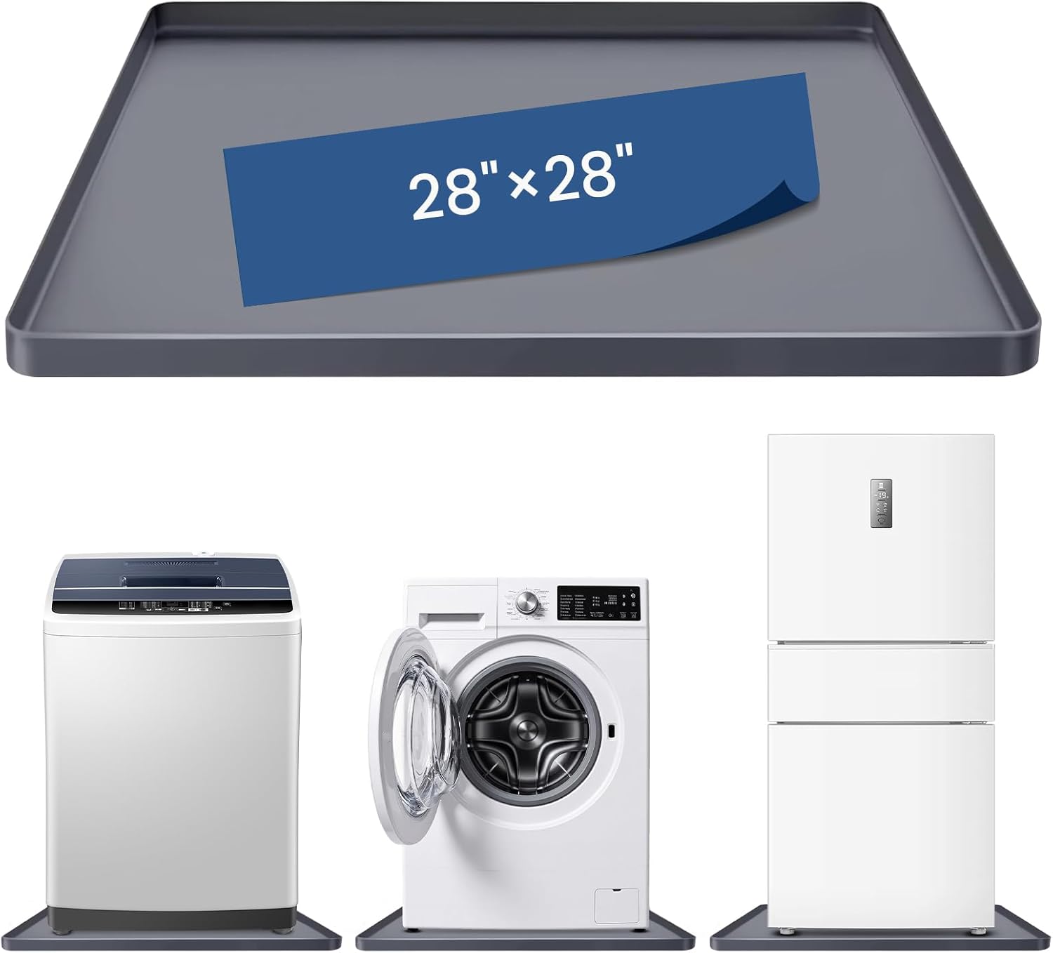 28x28 Large Thickened Silicone Washing Machine Drain Pan - 1" Raised Edge Washing Machine Tray, Non-Slip Washing Machine Pan for Under Washer and Dryer (Grey)