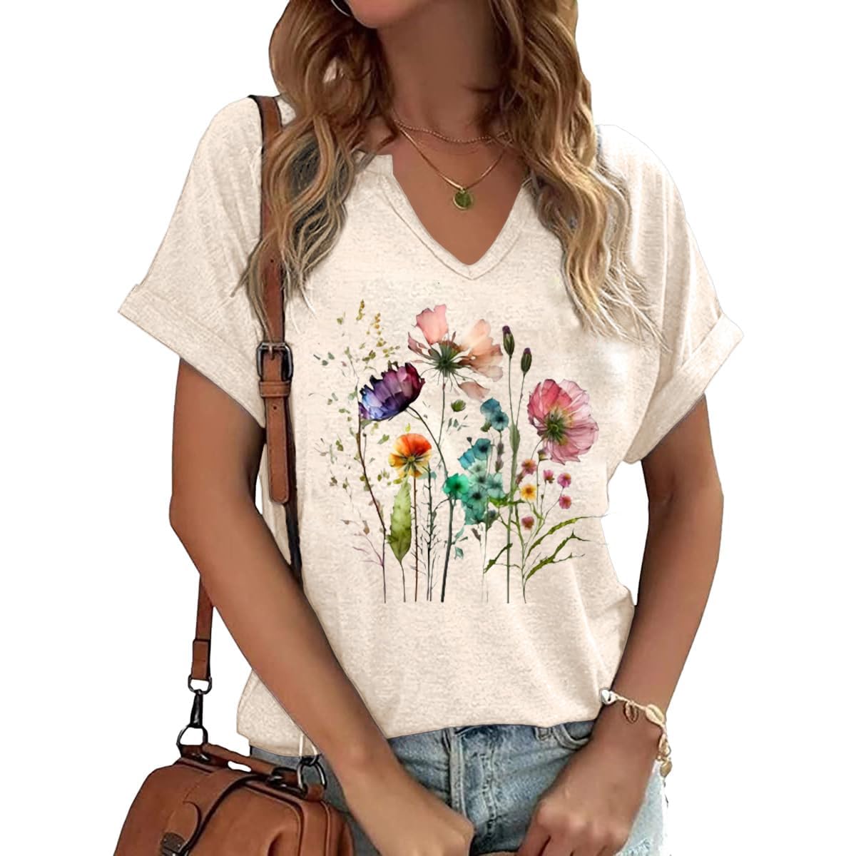 PUCKOLITY Vintage Flowers V Neck Shirt for Women Boho Floral Wildflowers Graphic Tee Casual Cottagecore Summer T Shirt