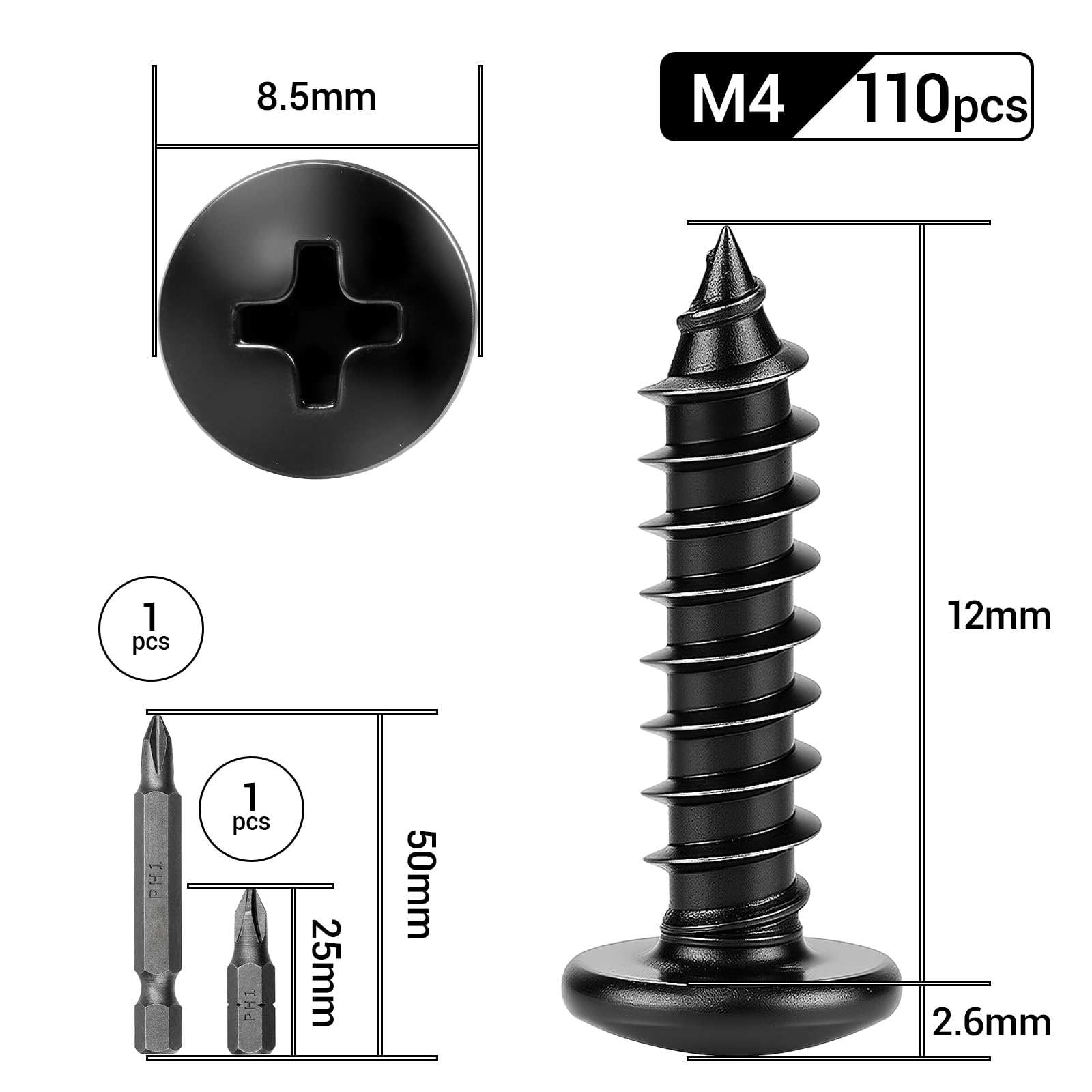XRXYMQ 110 Pcs Black Screws M4 x 12 mm Round Head Screws Wood Black Self Tapping for Furniture Woodwork Repairs - Image 2