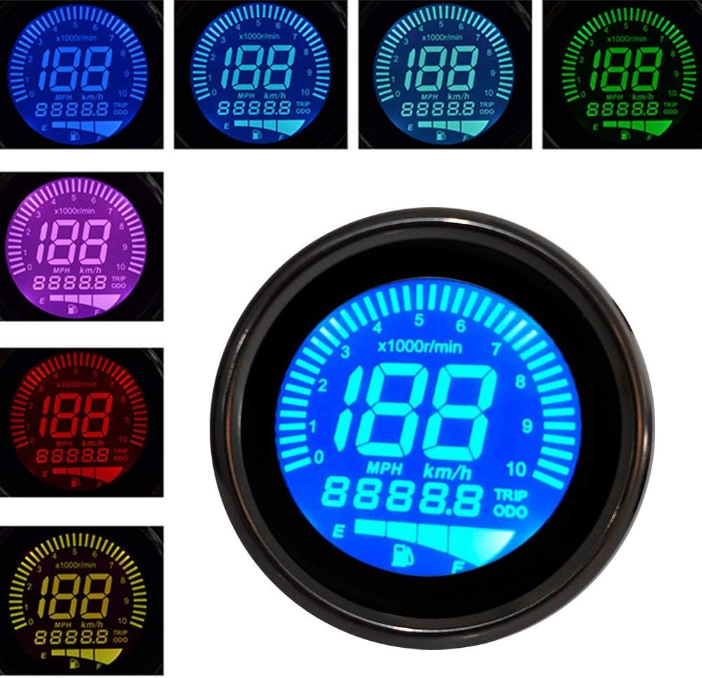 Akozon Motorcycle LCD Digital Tachometer Speedometer Odometer showing various display colors and modes
