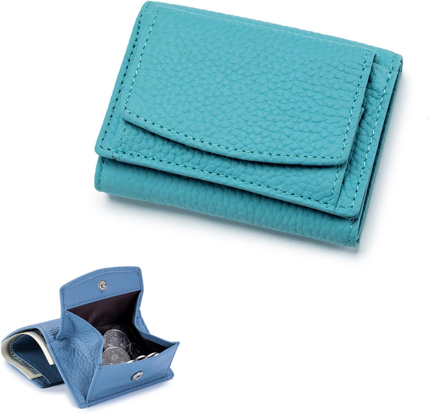 Small Wallet for Women Genuine Leather Blocking Card Holder Minimalist Tri-fold Cash Wallet with Snap Coin Pouch (Light Green)