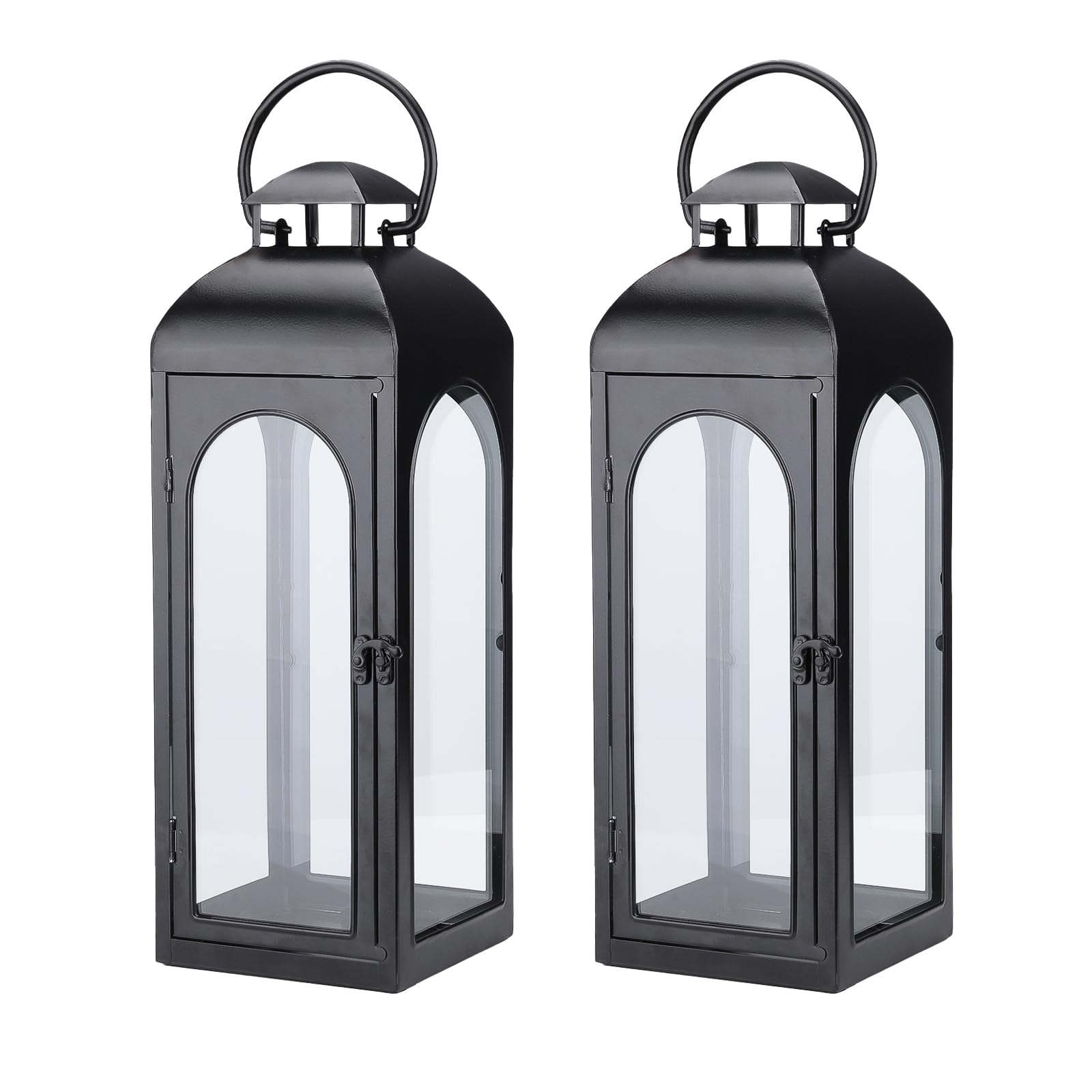 2 Pack Large Luxury Lantern Decorative Tall 20 Inches Black Metal Hurricane Lanterns with Clear Glass Panels for Front Porch,Tabletop, Mantle, Wall Hanging, or Garden Display, Indoor & Outdoor Use