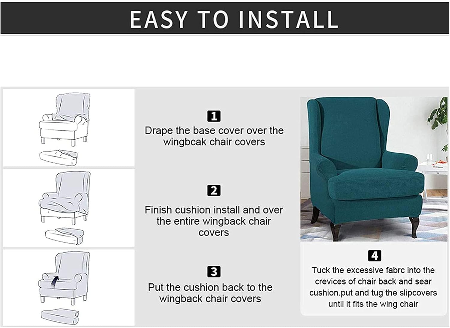 CAMZ Velvet Wingback Chair Slipcover, 2 Piece Stretch Wing Chair Covers T Seat Cushion Cover Plush Soft Wing Armchair Furniture Covers for Wing Back Chairs Form Fitted Couch Cover with Elastic