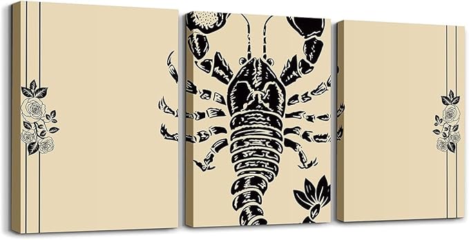 jejeloiu Zodiac SCORPIO 3 Piece Canvas Wall Art for Living Room Bedroom Horoscope Dark Academia Wall Art for Home Decor Vintage Retro Office Decor Artwork Rose Flower Picture Painting Posters
