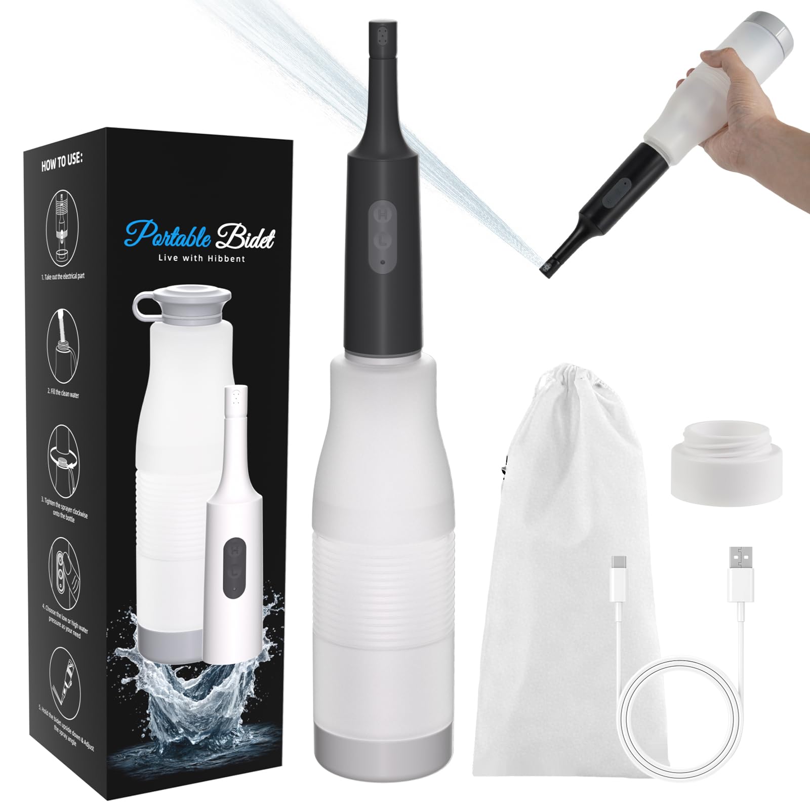 Hibbent Portable Bidet for Travel, High Pressure Electric Handheld Bidet Sprayer, 350-550ML Expandable Bottle for Personal Hygiene, USB-C Rechargeable Waterproof, Travel Sprayer for Women &amp; Men, Black