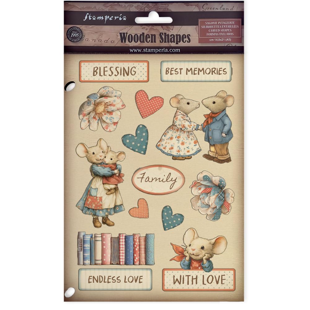 Stamperia - Coloured Wooden Shapes for Scrapbooks, Albums, Cards, Bullet Journals and More, Laser Cut, Printed for Enhanced Detail, Perfect for Hobbies, Crafts and Gifting (Family) (A5)