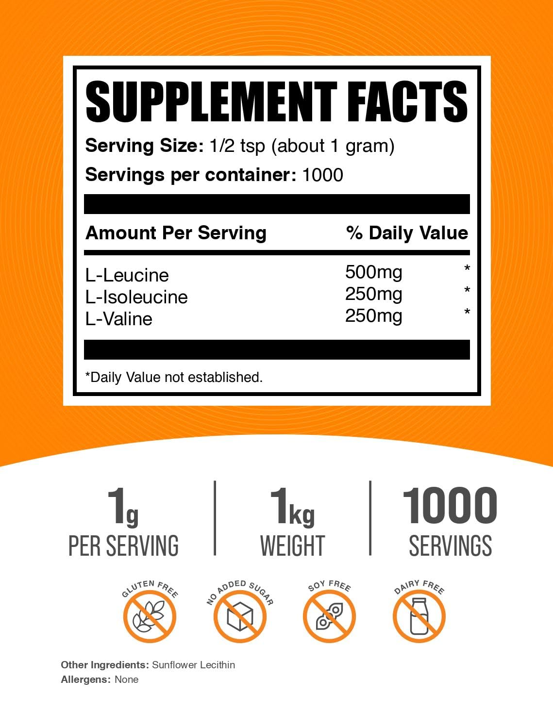 BulkSupplements.com BCAA 2:1:1 Powder - Branched Chain Amino Acids, BCAAs Amino Acids Powder - Unflavored & Gluten Free, 1g per Serving, 1kg (2.2 lbs) (Pack of 1) — Amazon image 2