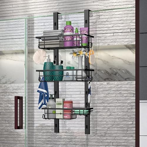 Spaclear Over The Door Shower Caddy, 3-Tier Adjustable Hanging Shower Shelves, Rustproof Stainless Steel With Hook Bathroom Organizer With Soap Holder For Inside Bathroom & Kitchen Storage, Black #TOP7