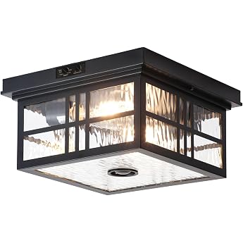 CALOKES Outdoor Flush Mount Motion Sensor Ceiling Light Square Black 2 Light Ceiling Light with Water Wave Glass E27 Fitting Ideal for Porch Entryway and Garage [Energy Class A]