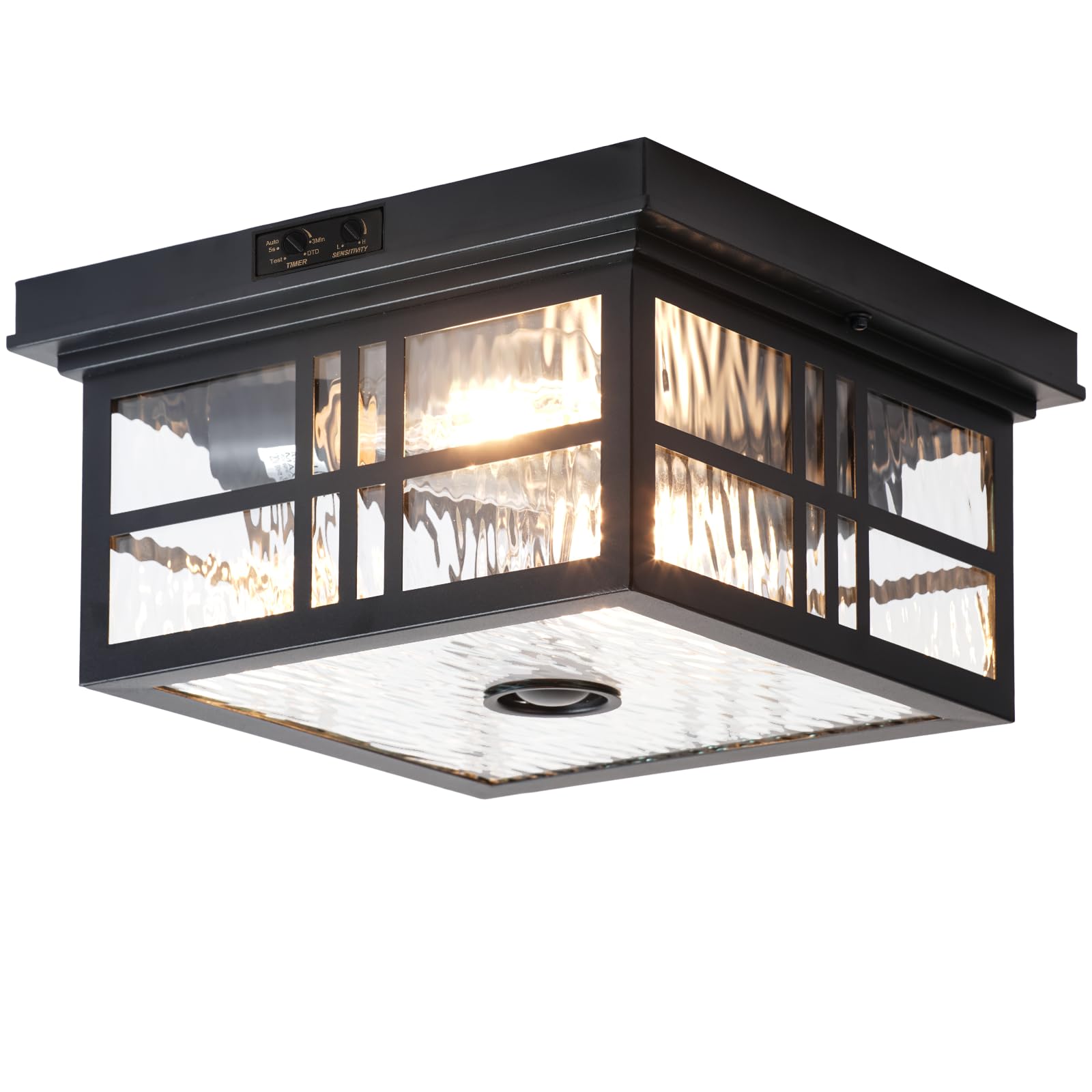 CALOKES Außen-Deckenleuchte mit Bewegungsmelder, bündige Montage. Quadratische schwarze 2-flammige Deckenlampe mit Wasserwellen-Glas, E27-Fassung, ideal für Veranda, Eingangsbereich und Garage