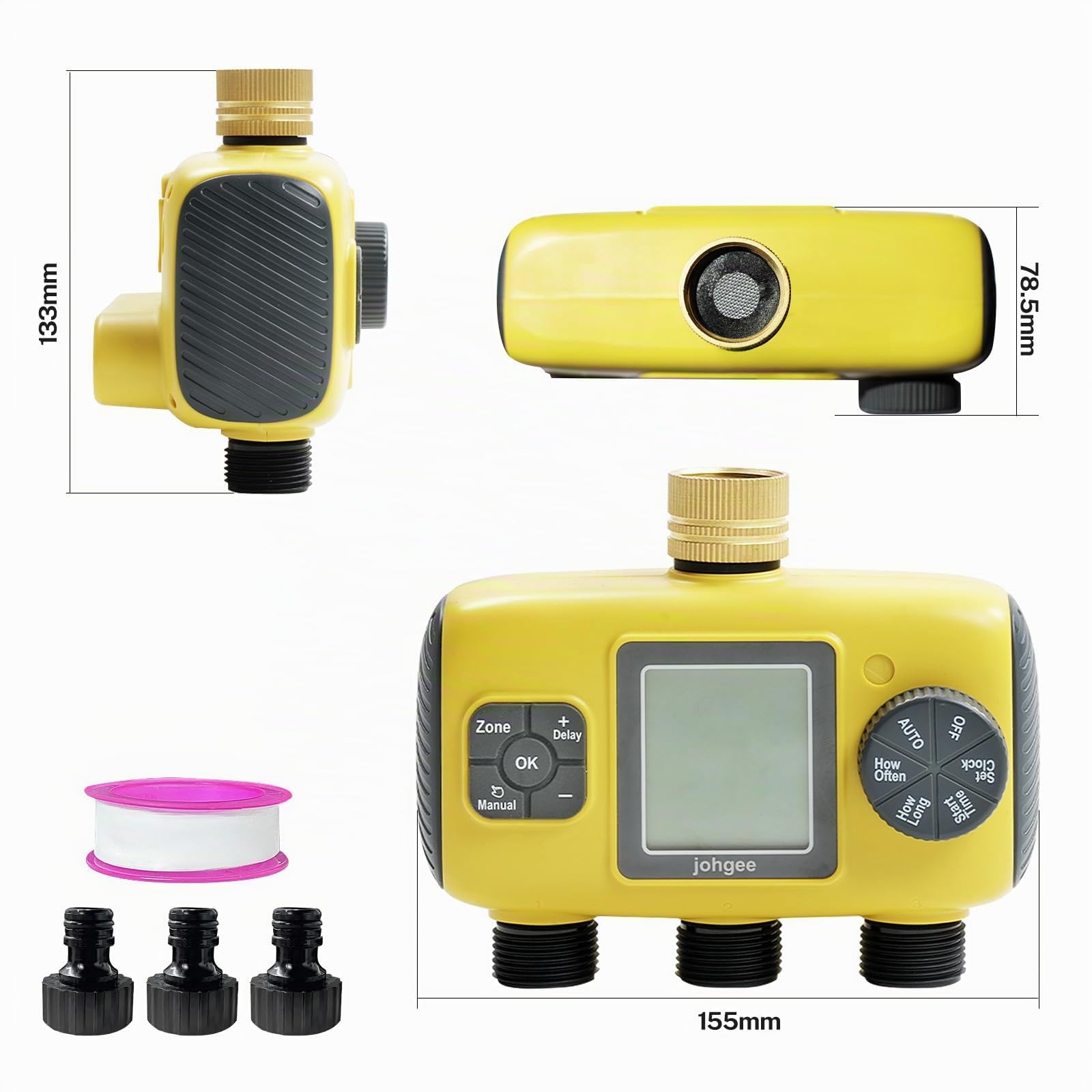 Johgee Programmateur Arrosage 3 Voies avec Entrée en Laiton, Minuteur Arrosage Automatique avec Retard de Pluie/Irrigation Manuelle, pour Serre, Pelouse et Jardin