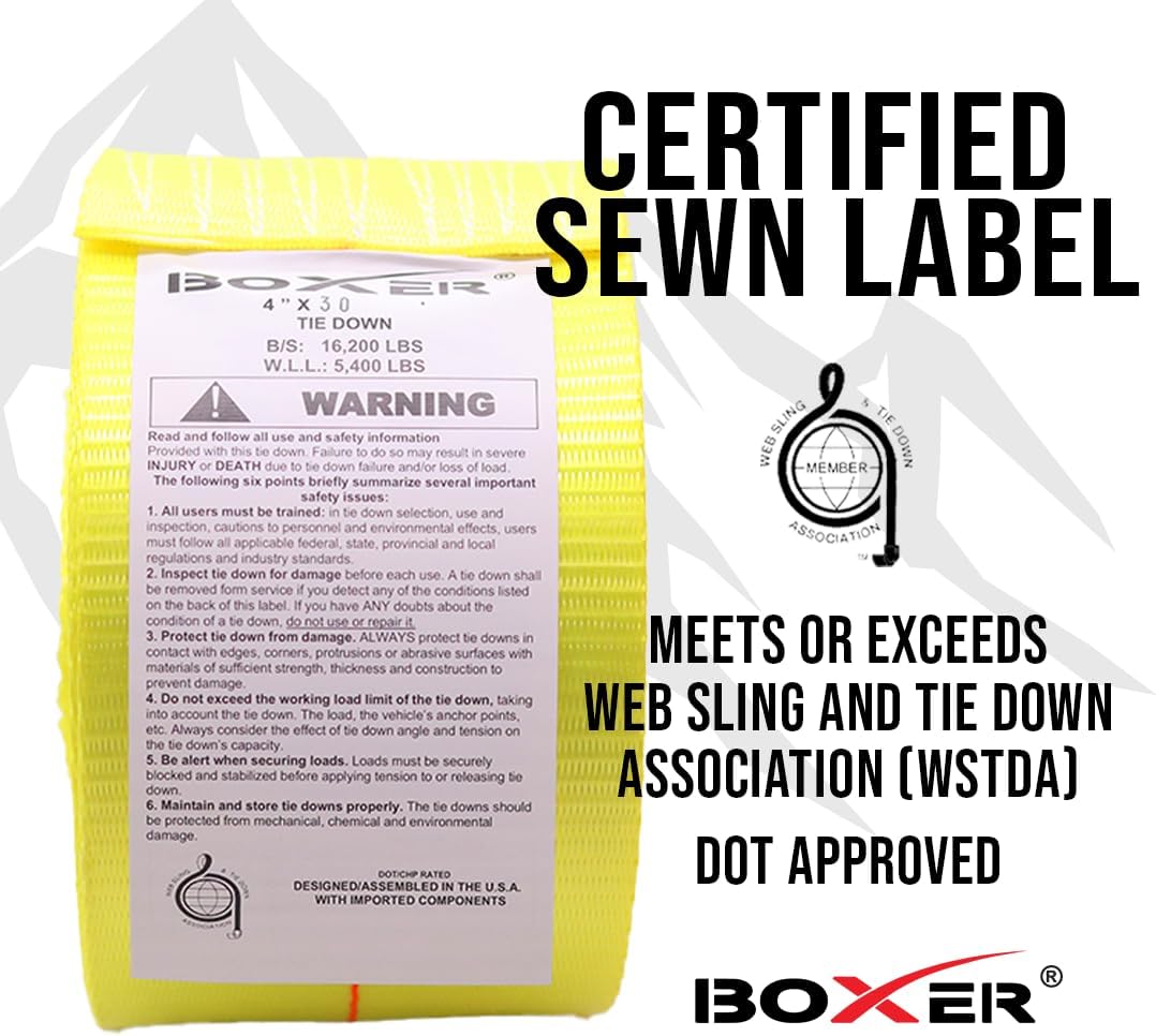 BoxerTool (2 Pack) 4" x 30' Heavy Duty Tie Down w/Twin J Hooks - DOT Compliant - Cargo Control for Flatbed Trucks, Utility Trailer