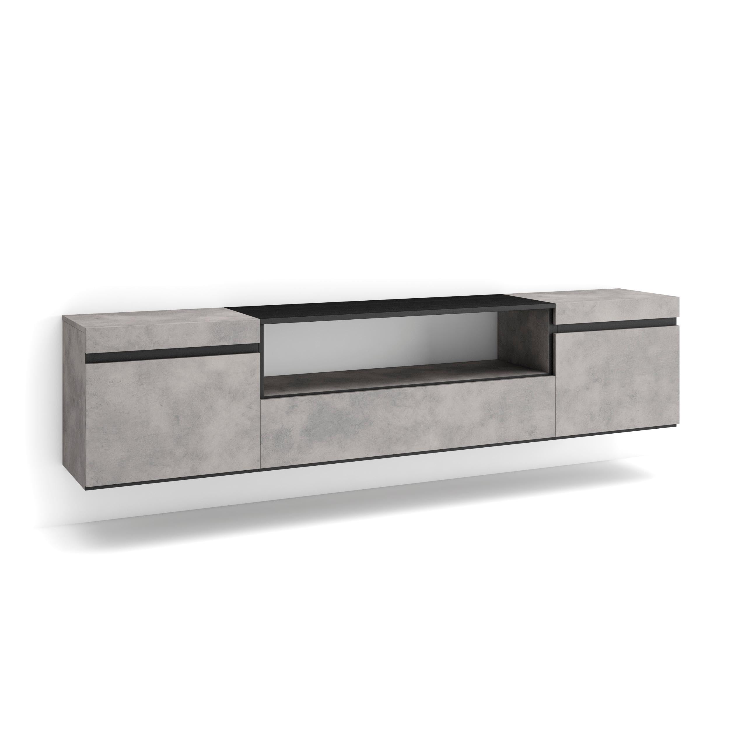 Skraut Home | Mueble TV | Televisión | Muebles de salón, almacenaje | 200x45x35cm | para TV hasta 80" | Colgado, Suspendido | Estilo Moderno | Cemento