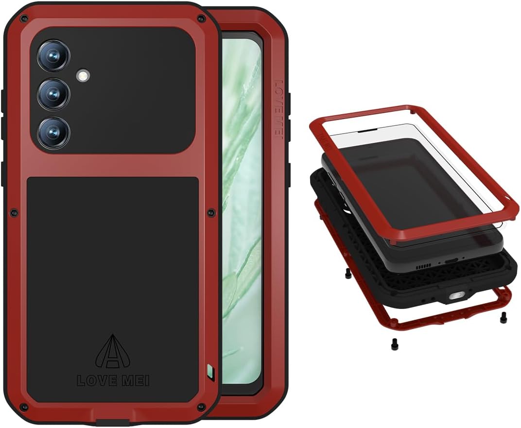 LOVE MEI for Samsung Galaxy S23 FE Metal Case, Heavy Duty Military Grade Rugged Cover Shockproof Dustproof Full Body Case with Built in Tempered Glass Screen Protector for Galaxy S23 FE (Red)