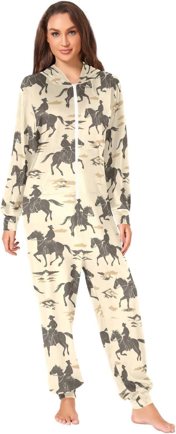 ZZKKO Cowboy Tribal Horseback Riding Adult Onesie Pajamas for Women Men Cozy One Piece Pajamas Costume Zip-Up Hooded S-XL