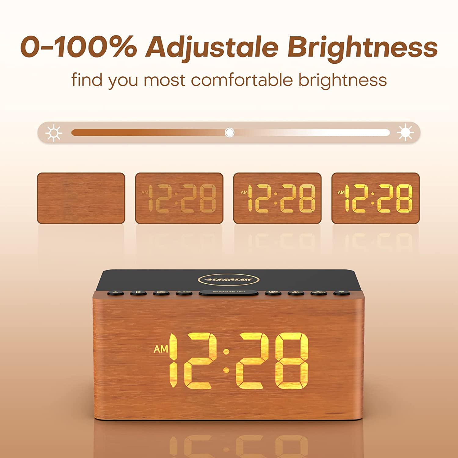 ANJANK Réveil haut-parleur Bluetooth en bois avec radio FM, station de charge sans fil pour iPhone/Samsung, port de charge USB, écran à intensité variable, minuterie de sommeil, horloge numérique en