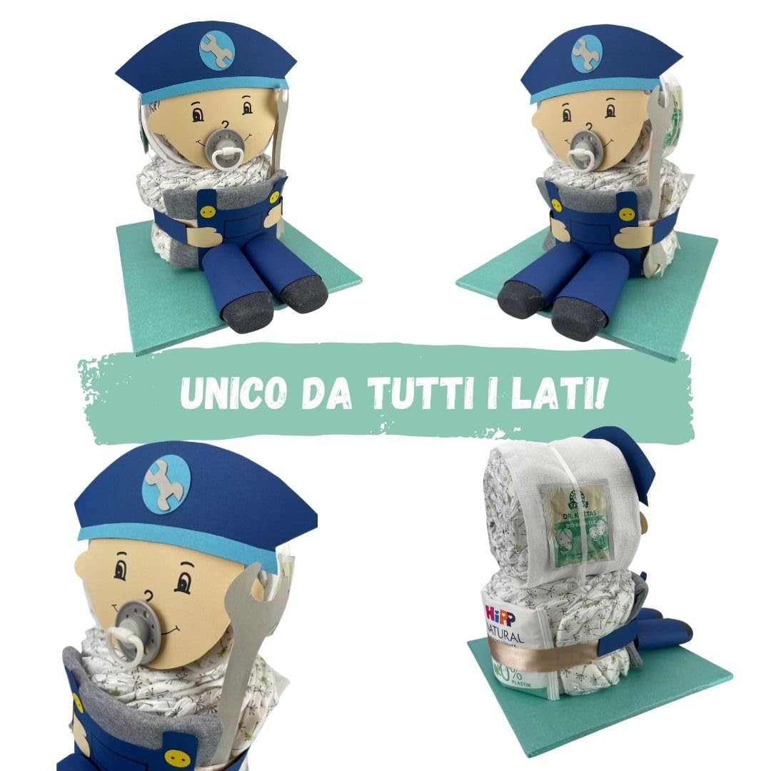 myBambini ® Meccanico e Artigiano della Torta di Pannolini - Bambini e Bambine - Neutro Unisex - Regalo per la nascita - Baby shower - Bebè - Articolo per neonati - Panno per il ruttino