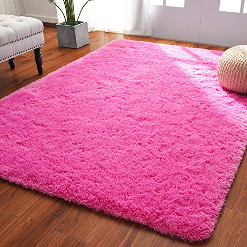 Softlife Ultra Soft Fluffy Area Rugs For Bedroom, Girls And Boys Room Kids Room Nursery Rug, 4 X 5.3 Feet Shaggy Fur Indoor Plush Modern Floor Carpet For Living Room, Hot Pink #TOP23