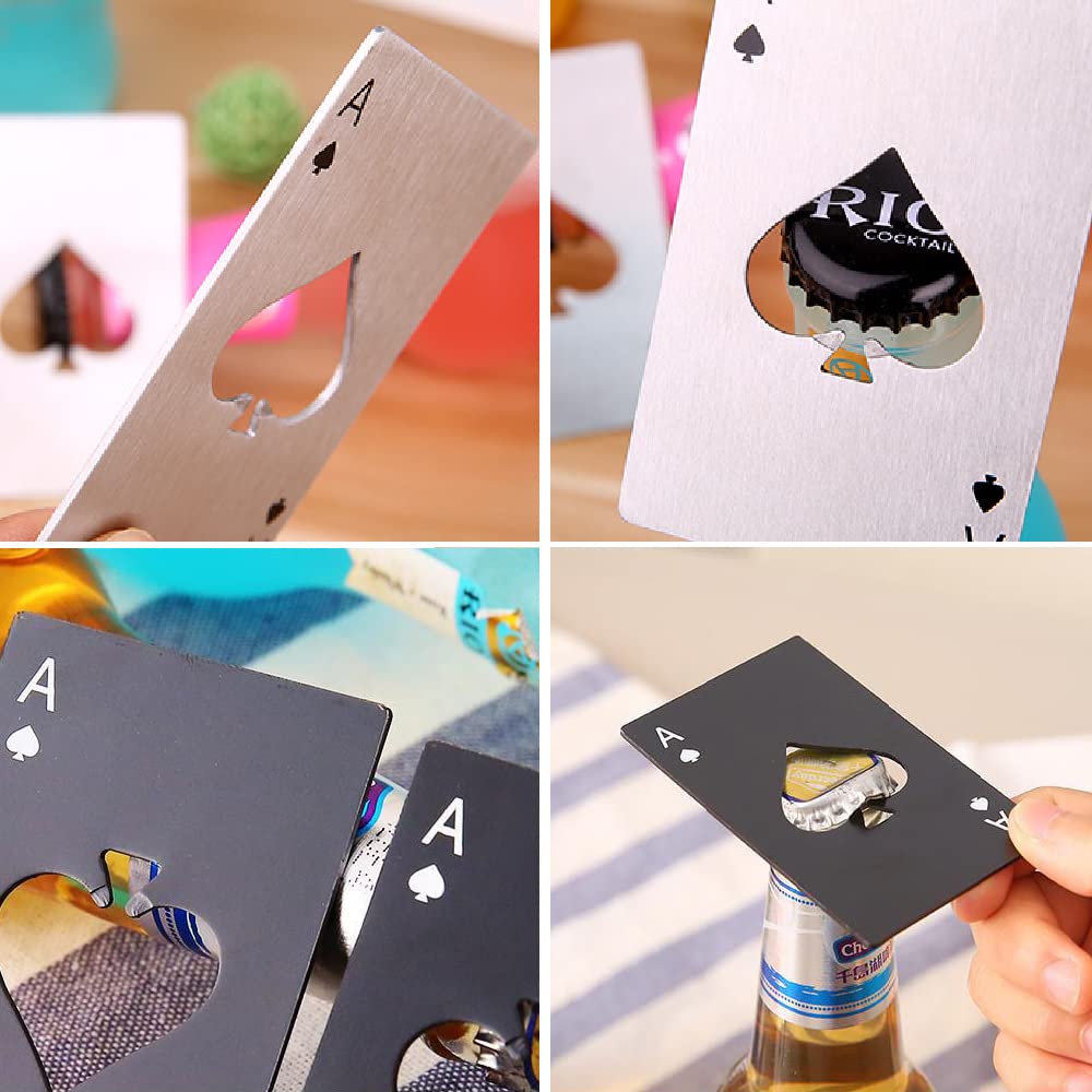 10 sztuk otwieraczy do butelek, ze stali nierdzewnej, karta pokerowa Pik Ass z otwieraczem do piwa, kreatywny otwieracz do butelek piwa, rozmiar karty kredytowej, kolor srebrny i czarny