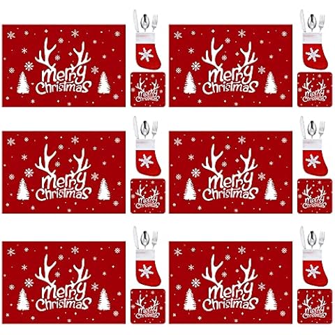 18 Pcs Christmas Placemats and Coasters-Reindeer Snowflake Design Heat-Resistant Table Mats Washable Christmas Holiday Kitchen Table Decoration Cover