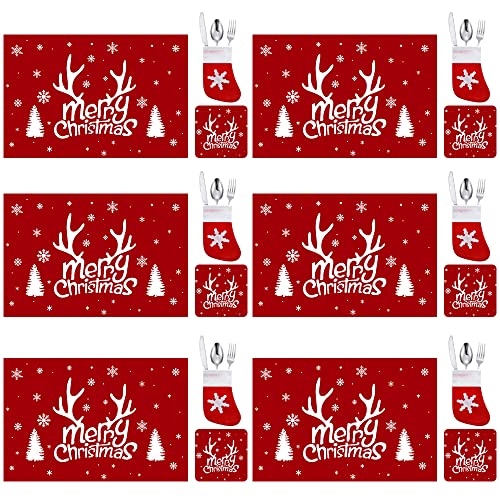 Image of 18 Pcs Christmas Placemats and Coasters-Reindeer Snowflake Design Heat-Resistant Table Mats Washable Christmas Holiday Kitchen Table Decoration