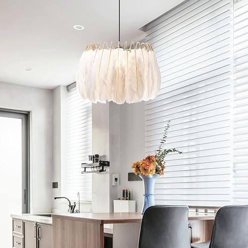 Miniatura 7 de KCO Lighting - Lámpara de techo de plumas nórdicas, lámpara colgante de techo de plumas blancas con cable de enchufe de 14.8 pies, lámpara colgante