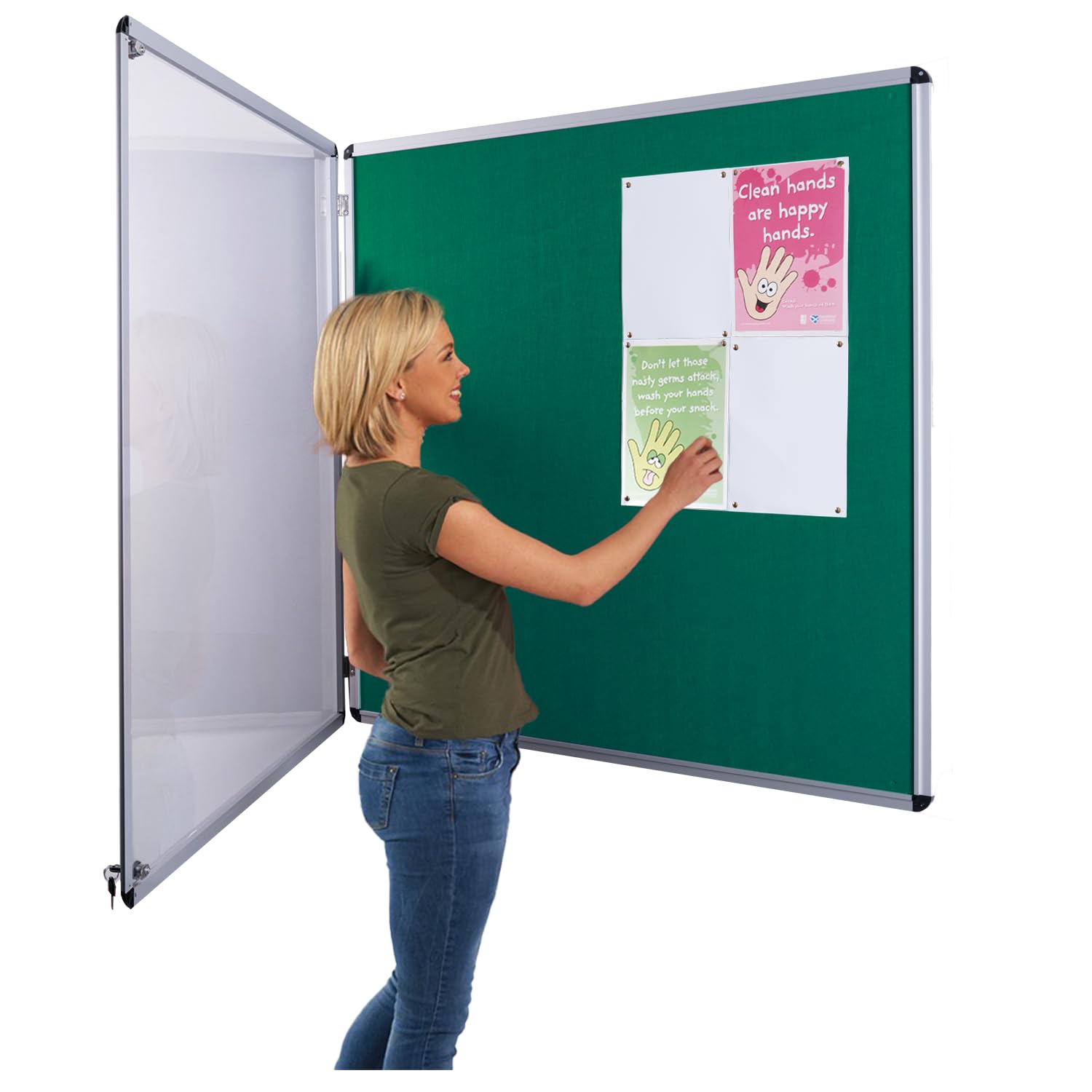Indoor Tamperproof Lockable Noticeboard | Green | with Double Locks and Keys | 900 x 900mm - Ideal for Office, School Displays, centres & info hubs — image 1