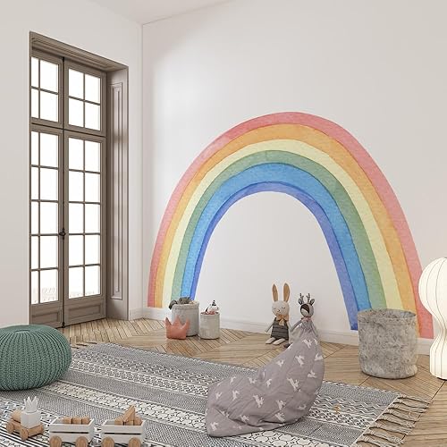 Miniatura 5 de Calcomanías de pared de arcoíris colorido pastel con estampado pastel  Adhesivos murales de pared grandes para despegar y pegar, acuarela, arco