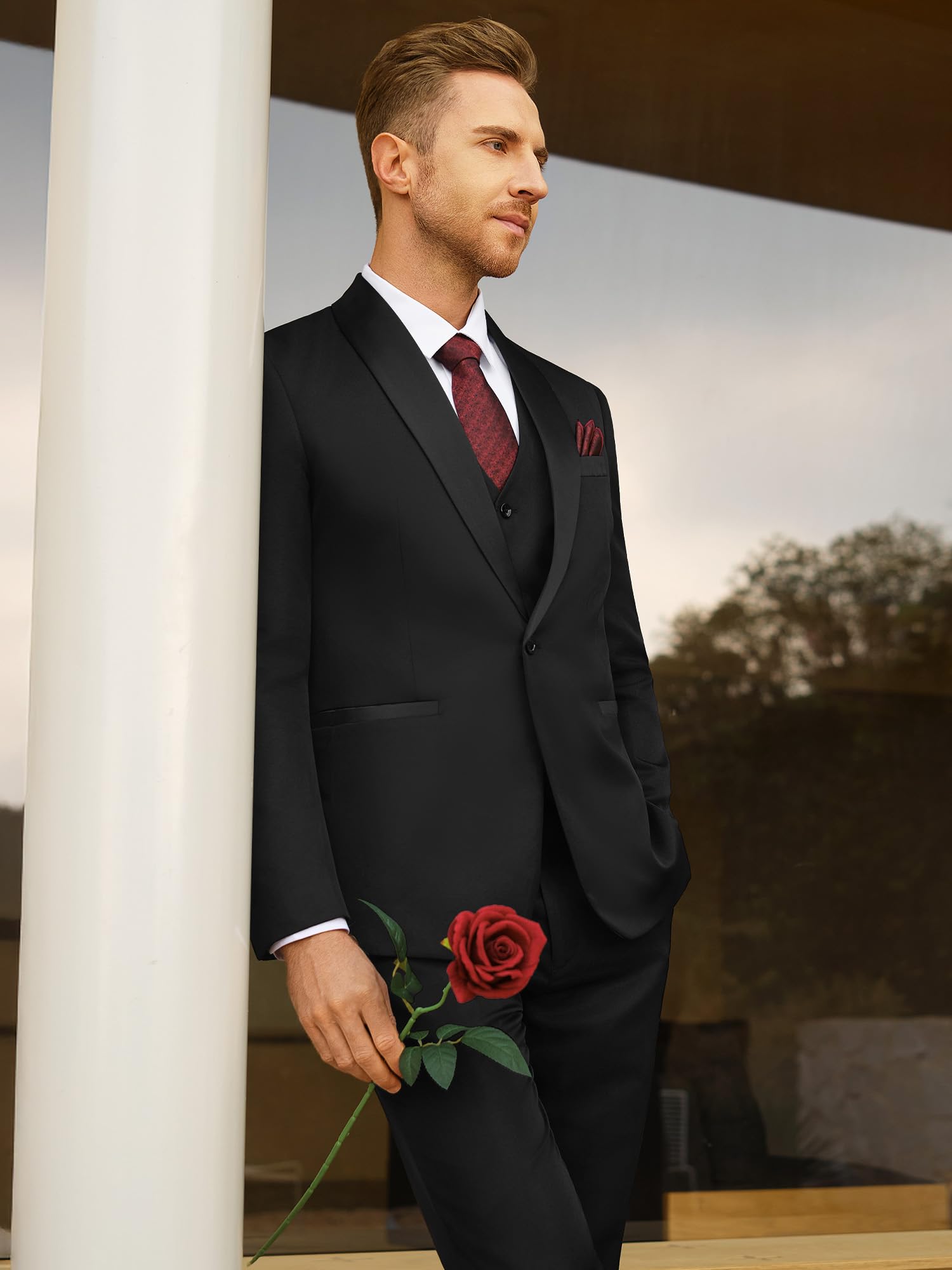 WEEN CHARM Mens Suit Slim Fit Tuxedo 3 Piece One Button Shawl Lapel Blazer Jacket Vest Pants Set for Prom Party — view 5