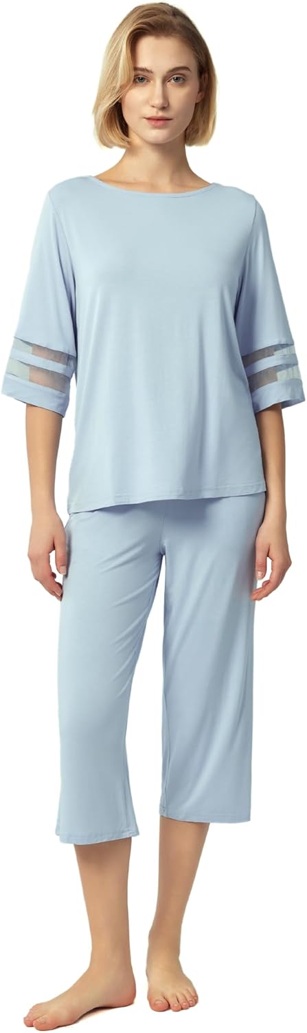 GYS Womens Pajama Set - Viscose Made from Bamboo, 3/4 Sleeve Capri Pajama Set Soft 2 Piece Sleepwear Pjs Lounge Set