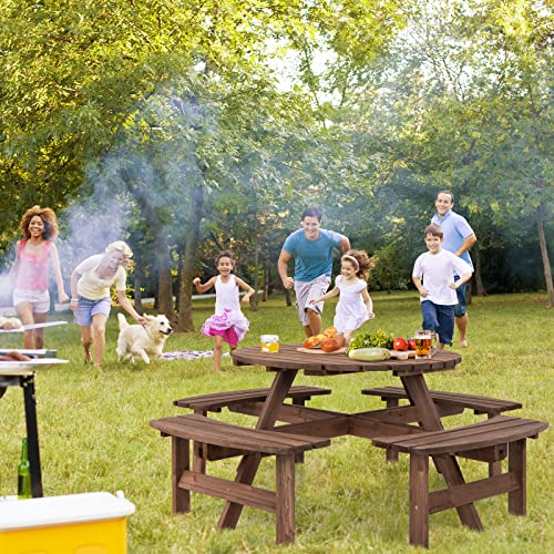 Tangkula 8 Person Wood Picnic Table, Outdoor Round Picnic Table With 4 Built-In Benches, Umbrella Hole, Outside Table And Bench Set For Garden, Backyard, Porch, Patio, 500Lbs Capacity Per Bench #TOP1