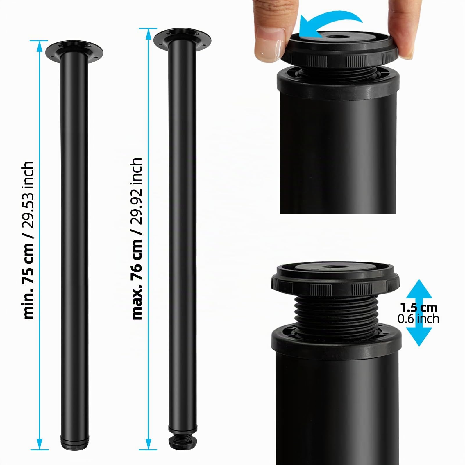 Jahof Pieds de Table Réglables 75 cm, Lot de 4 Pieds de Meubles Métal Noir Ø50mm, Support en Acier pour Table à Manger, Bureau