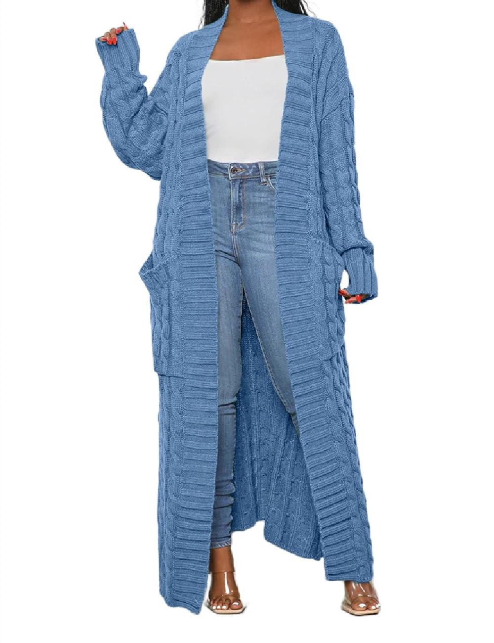 Womens Thin Stylish Cable Knit Dual Extra Long Maxi Cardigan with 2-Pockets