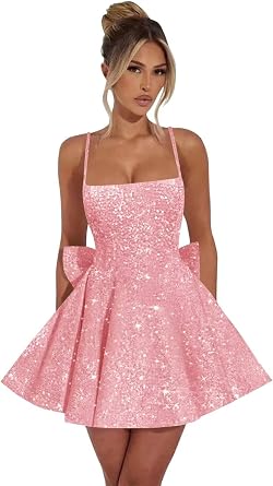 Yexinbridal Sequin Square Neck Homecoming Dresses Short Spaghetti Straps Prom Dress Glitter Teens Cocktail Party Gowns