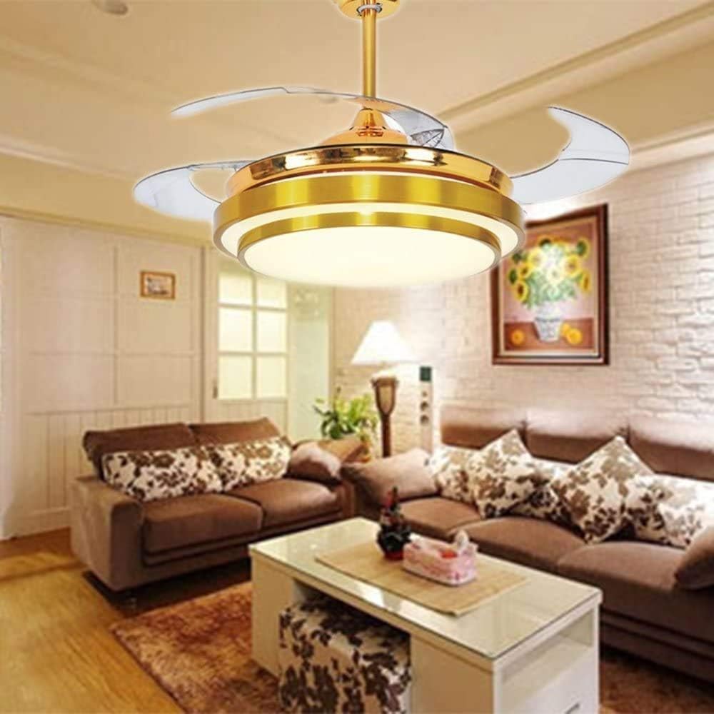 42" Retractable Reversible Ceiling Fans with LED Light Remote Control 4 Invisible Clear ABS Blades Livingroom Diningroom Fan Chandelier Indoor Ceiling Light Kits with Fans (Gold-01)