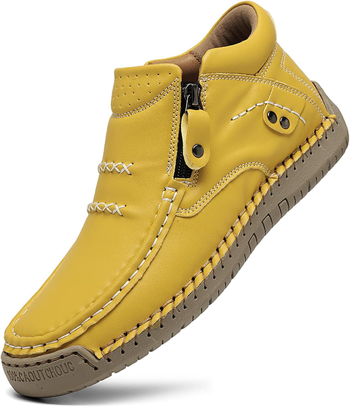Women Leather Handmade Ankle Boots With Side Zippe Casual Lightweight Mid Top Hiking Loafers Comfortable Non-Slip Driving Walking Shoes