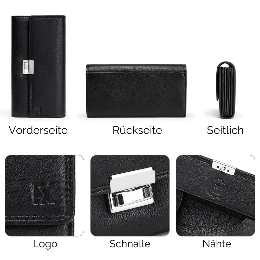 FOMAX Kellner Geldbörse aus Hochwertigem Nappa Leder, Kellnerportemonnaie Großes Gastro Geldbeutel Echtleder, Taxi Portmonee RFID-Schutz Profi Gastronomie, Kelnerportmonai Herren Damen Schwarz