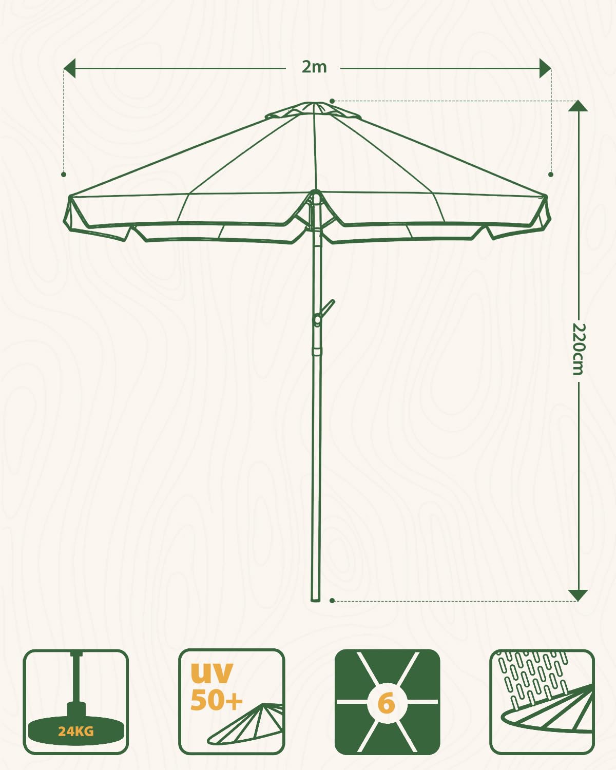 Sekey Parasol de 200 cm avec fonction manivelle et pliage, parasol de balcon, avec protection UV 50+, parasol pour balcon, terrasse, jardin