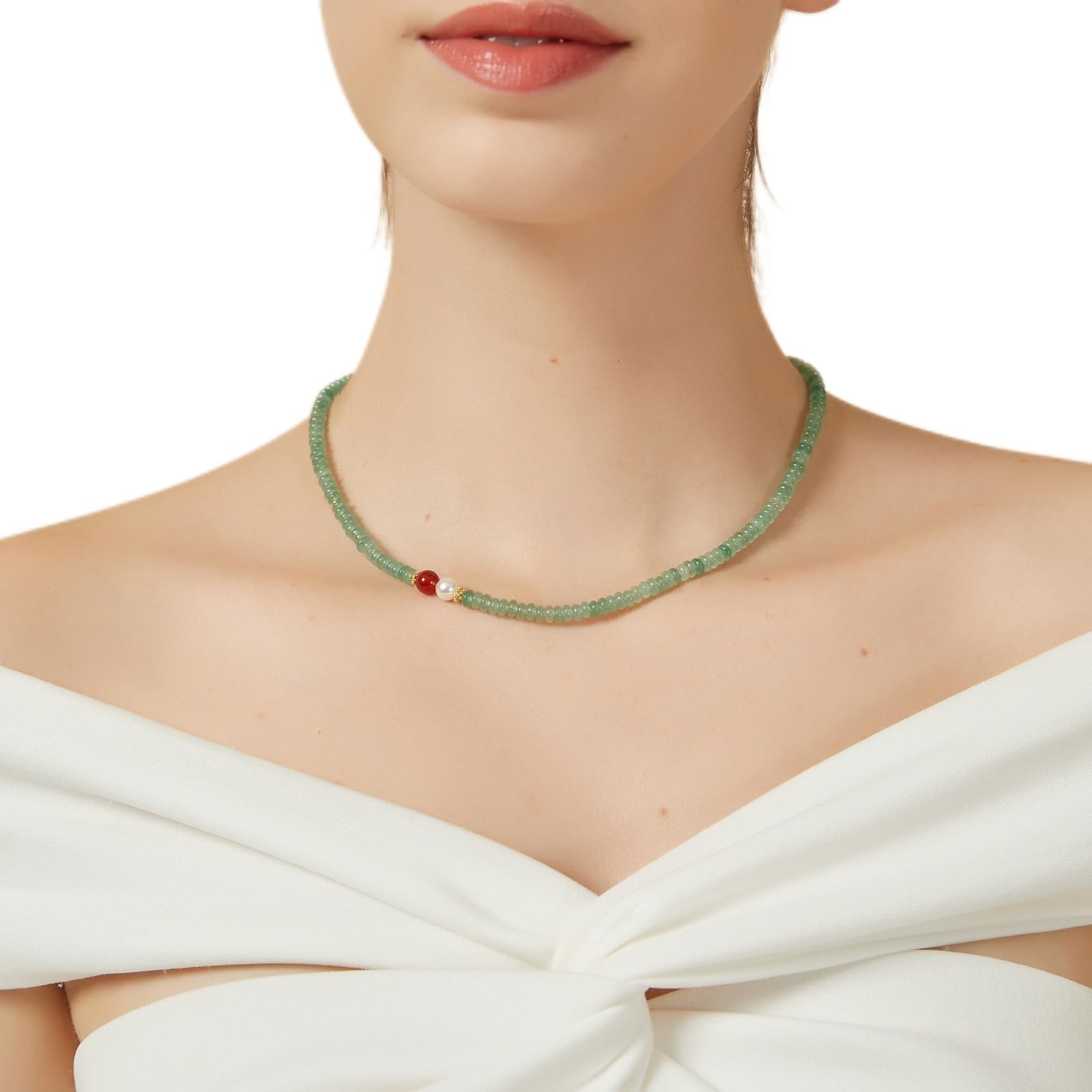 Jade Necklace for Women, Handmade Green Beaded Necklace Asymmetric Design Dainty Natural Green Aventurine Jade Choker with Red Agate & Crystals Pearl (Adjustable Size 15.7+2'')