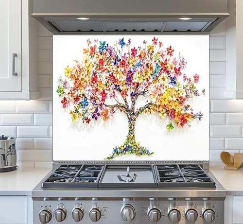 LMSDYSHU Tempered Glass Backsplash for Kitchen, Tree of Life-1, Frameless,