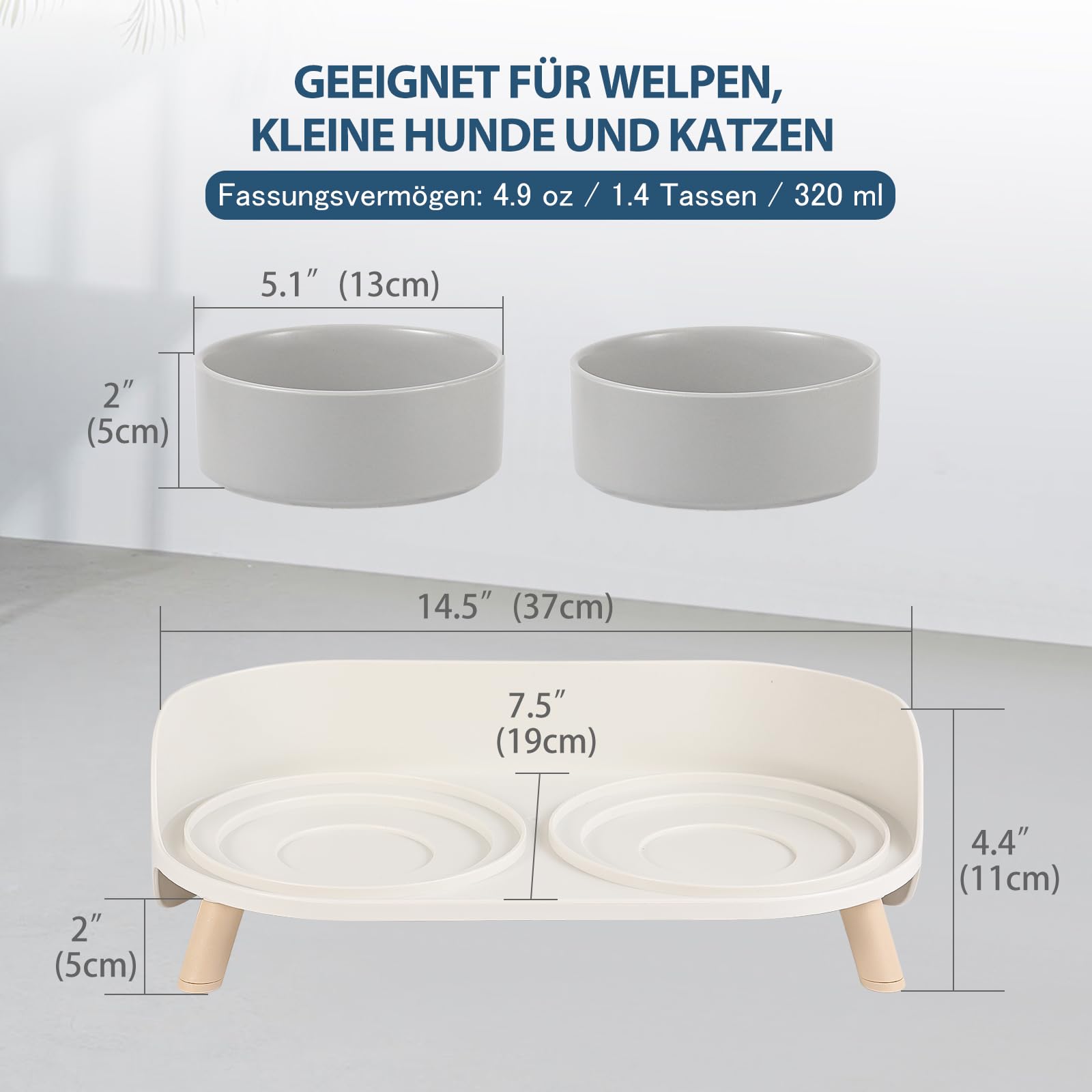 Katzennapf Keramik erhöht mit Ständer, Doppelnapf rutschfest mit Spritzschutz, Futter- und Wasserschalen für Katze, Welpen und kleine Hunde, komfortable Fresshöhe, leicht zu reinigen, 2 x 320 ml Grau