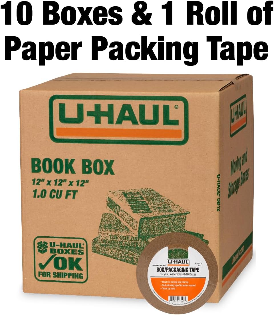 U-Haul 11-Piece Book Moving & Shipping Box Kit with Handles – Includes 10 Book Boxes (12” x 12” x 12” L x W x H) and 1 Roll of Packing Tape